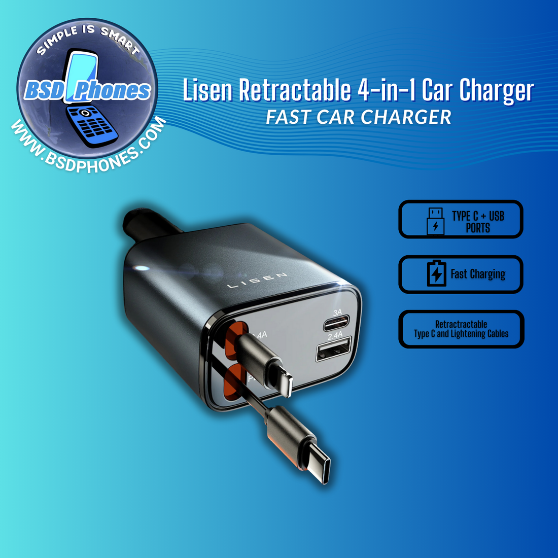 Lisen Retractable 4-in-1 Car Charger
